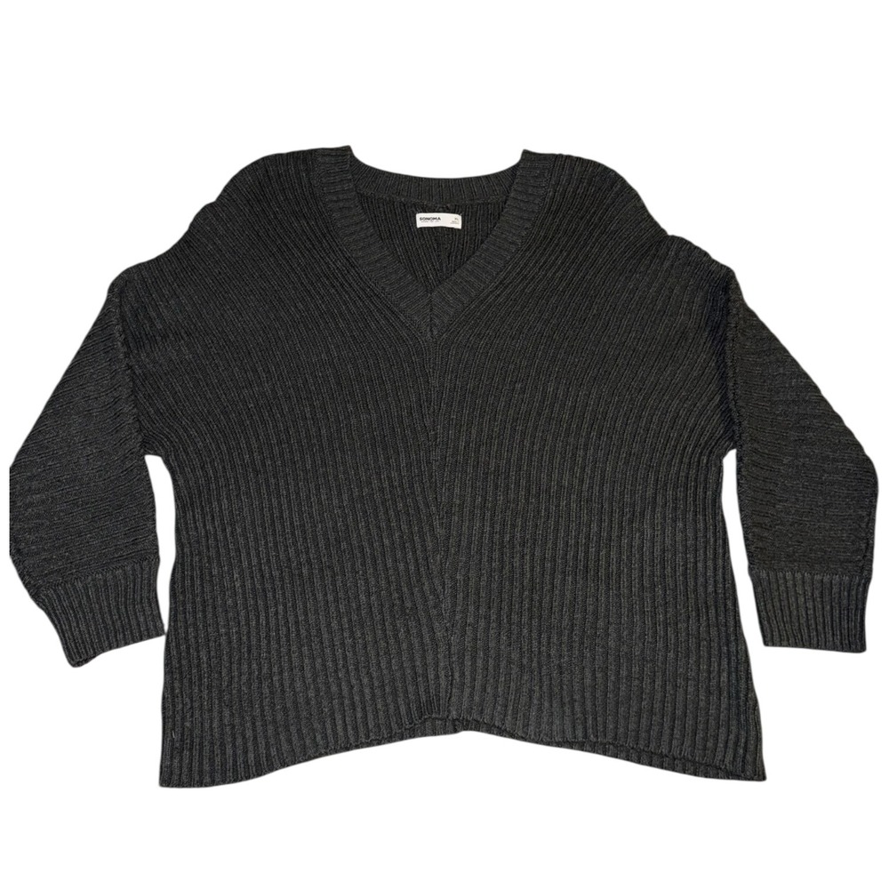 Sonoma Goods For Life Womens XL Charcoal Gray Ribbed V-Neck Knit Sweater